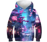 AMNOOL Sweat à Capuche à Manches Longues pour garçons et Filles Pull à Capuche 3D néon Tokyo Sakura Street 12-14 Ans