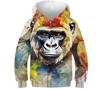 AMNOOL Sweat à Capuche Gorilla Peint à l'aquarelle pour Enfants Pull imprimé en 3D nouveauté à Manches Longues Sweat-Shirt pour garçons et Filles vêtements à Manches Longues 7-9 Ans
