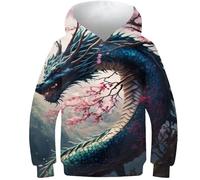 AMNOOL Sweat à Capuche Japonais Dragon d'eau pour Enfants garçons et Filles Pull à Capuche Impression 3D Manches Longues vêtements de Sport pour Jeunes de 13 à 15 Ans