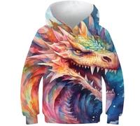 AMNOOL Sweat à Capuche pour Enfants Hommes et Femmes Impression 3D Dragon brûlant Mode Ample Manches Longues Pull pour Printemps et Automne 10-12 Ans