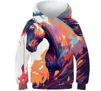 AMNOOL Sweat à Capuche Unisexe pour garçons et Filles imprimé Cheval coloré en 3D Pull décontracté Automne Hiver Manches Longues 13-15 Ans