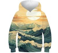 AMNOOL Wavy Ocean Sunset Sweat à Capuche pour Enfants imprimé en 3D Pull Fantaisie à Manches Longues pour garçons et Filles Vêtements à Manches Longues 13-15 Ans