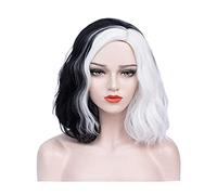 AMOBON Carnaval Cruella Perruque Noir et Blanc, Anime Cosplay Perruques pour Cruella Deville Costume, Femmes De Longueur Moyenne Cheveux Bouclés Bob Wig pour Halloween Mardi Gras Fête Party