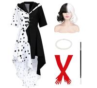 AMOBON Ensemble Déguisement Cruella Femmes: Robe Cruella De vil avec Perruque, Gants, Collier de Perles et Bâton Décoratif - Cruella Deville Costume pour Halloween Carnaval Cosplay (5PCS SET, L)