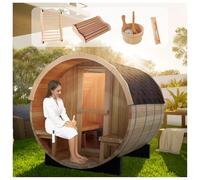 AMOCANE Sauna extérieur en forme de tonneau pour 6 à 8 personnes avec porche, sauna en bois de pruche à faible CEM 220 V/6 kW Chauffage électrique traditionnel avec toit en bardeaux, seau pour