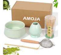AMOJA Ensemble de matcha, bol à matcha, fouet à matcha, support de mélange, pelle, passoire, set traditionnel japonais, kit de thé Macha japonais, facile à nettoyer, coffret cadeau, parfait pour les