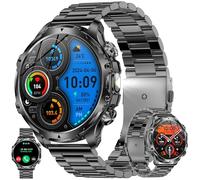 AMOLED Montre intelligente pour homme 1,85" avec fonction téléphone, batterie 800 mAh, lampe de poche, 5 ATM, 123 modes sportifs, pression artérielle, podomètre, pour iOS et Android (acier noir)