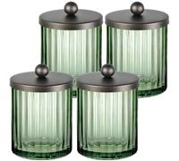Amolliar Lot de 4 bocaux d'apothicaire en verre vert sauge avec couvercle en métal et autocollants, distributeur de serviettes de salle de bain pour cotons-tiges, balles, tampons ronds, sel de bain