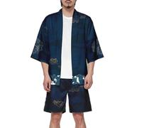 AMOMA Hommes Flying Crane Japonais Kimono Ensembles Peignoirs Ouvert Avant Kimono Cardigan avec Shorts Tenues Légères(4XL,CraneBlue)