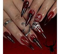 Amond French Tips Faux Nails Acrylique Avec Des Araignées Designs Stick On Fomen Halloween Press Sur Amond False Nail