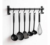 AMONENZ Barre de Ustensiles Suspension 40 cm, Porte-Ustensiles Mural avec 6 Crochets Amovibles, Aluminium Support Mural Cuisine, Noir Patère de Cuisine, pour Planches à Découper, Cuillères, Ciseaux