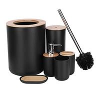 AMONIDA Ensemble D'accessoires de Salle de Bain, 6 Pièces, Porte-Brosse à Dents, Distributeur de Savon, Tasse, Brosse de Toilette, Poubelle avec Design en Bois Bambou, pour Maison