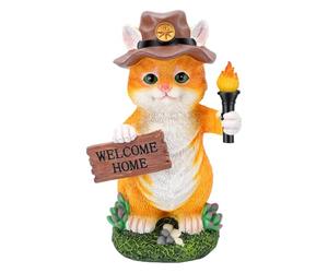 AMONIDA Statue de Chat Solaire pour Jardin Torche LED Panneau Bienvenue