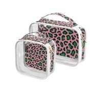 Amooorous 2 Pack Rose et Vert Léopard Imprimé Clair Décoratif Voyage Trousse De Toilette De Voyage Approuvé TSA Étanche Maquillage Brosse Sac Voyage Essentiel De Maquillage, Imprimé Léopard Rose Et