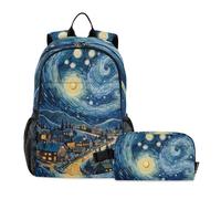 Amooorous A Village Under A Deep Blue Sky Sac à dos avec boîte à déjeuner pour garçons garçons Sac à dos d'école avec boîte à déjeuner pour garçon 7-10 ans, Un village sous un ciel bleu profond