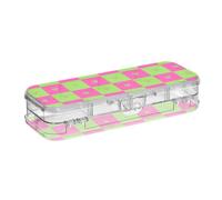 Amooorous Boîte à crayons en plastique transparent à double étage pour fournitures de papeterie avec couvercle hermétique Motif Buffalo Plaid Cœur Vert pêche foncé