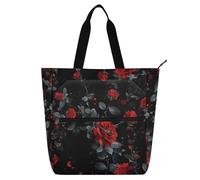 Amooorous Joli sac fourre-tout décoratif pour enfants, garçons et filles, fond noir avec roses rouges tombant lentement, sac à main léger avec fermeture éclair pour l'école et les jeux, arc-en-ciel