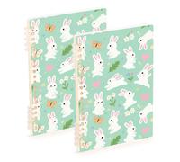 Amooorous Lot de 2 cahiers d'écolier à spirales de format A5, motif lapin, papillon, fleur, vert clair, 21,1 x 14,5 cm