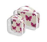Amooorous Lot de 2 grandes trousses de maquillage et de toilette avec motif vagues et papillons magenta transparent - Approuvé par la TSA - Résistant à l'eau - Conforme aux normes des compagnies
