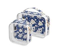 Amooorous Lot de 2 grandes trousses de toilette décoratives transparentes avec fleurs bleues et blanches - Réutilisables - Approuvées par la TSA - Pour femme - Conforme aux normes des compagnies