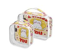 Amooorous Lot de 2 grandes trousses de toilette décoratives transparentes avec motif de chat blanc I Miss You pour femme, approuvées par la TSA, Chat blanc mignon I Miss You Cartoon, 1 size
