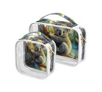 Amooorous Lot de 2 grandes trousses de toilette décoratives transparentes et réutilisables approuvées par la TSA - Conforme aux normes des compagnies aériennes, Dessin animé mignon gris koala fleurs