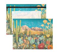 Amooorous Lot de 2 pochettes à crayons portables en plastique pour format A4, fournitures universitaires, désert coloré avec fleurs en fleurs de cactus