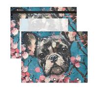 Amooorous Lot de 2 pochettes à crayons transparentes avec fenêtre pour format A4 - Pour la rentrée scolaire - Bouledogue français - Fleurs de cerisier