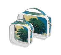 Amooorous Lot de 2 sacs de toilette décoratifs transparents pour homme Motif dessin animé Animation Sense Champ jaune Champ jaune approuvé TSA Multifonctionnel Grands sacs cosmétiques pour femmes