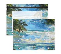 Amooorous Lot de 2 trousses à crayons avec 3 œillets renforcés et 3 anneaux de poche pour papier A4 et lettres pour étudiants, fournitures universitaires, été, plage, bleu, mer, beau soleil, vert