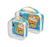 Amooorous Lot de 2 trousses de maquillage décoratives transparentes avec motif de chat marron I Miss You pour femme, approuvées par la TSA, Chat marron mignon I Miss You Cartoon, 1 size