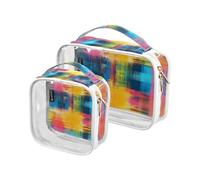 Amooorous Lot de 2 trousses de toilette décoratives multicolores transparentes approuvées par la TSA pour femme - Conforme aux normes aéroportuaires et aériennes, Motif écossais abstrait multicolore,