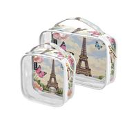 Amooorous Lot de 2 trousses de toilette décoratives romantiques en forme de tour de fer parisienne avec fleurs bleues transparentes pour femme, approuvées par la TSA et résistantes à l'eau, trousse de