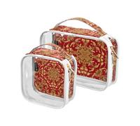 Amooorous Lot de 2 trousses de toilette décoratives transparentes à motif floral rétro rouge et marron clair approuvées par la TSA avec fermeture éclair - Conforme aux normes des compagnies aériennes,