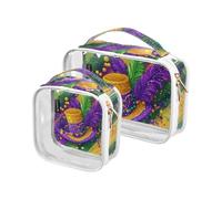 Amooorous Lot de 2 trousses de toilette décoratives transparentes avec masque de Mardi Gras de carnaval Mardi Gras - Étanche - Pour femme et homme - Kit de rasage pour maquillage, Masque Carnaval