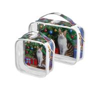 Amooorous Lot de 2 trousses de toilette décoratives transparentes avec motif de chat joyeux Noël - Approuvées par la TSA - Étanches - Conforme aux normes des compagnies aériennes, Chat mignon Merry