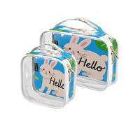 Amooorous Lot de 2 trousses de toilette décoratives transparentes avec motif de lapin blanc Hello Cartoon pour voyage, approuvées par la TSA et réutilisables, kit de rasage pour homme, Bolsa de
