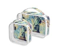 Amooorous Lot de 2 trousses de toilette décoratives transparentes avec motif statue de la Liberté debout avec feux d'artifice en arrière-plan approuvée par la TSA, Statue de la Liberté debout avec feu