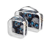Amooorous Lot de 2 trousses de toilette décoratives transparentes pour Halloween, motif tête de mort de monsieur Jack bleu néon, approuvées par la TSA, Crâne cauchemar yeux néon bleu Halloween, 1 size