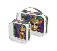 Amooorous Lot de 2 trousses de toilette décoratives transparentes pour homme Mardi Gras Mardi Gras Jaune Violet Masque transparent Approuvé par la TSA Sac organisateur de maquillage essentiel Bolsa de