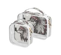 Amooorous Lot de 2 trousses de toilette pour homme - Coiffe de cowboy indien - Motif loup tribal - Noir transparent - Approuvé par la TSA - Imperméable - Trousse de voyage indispensable de voyage,