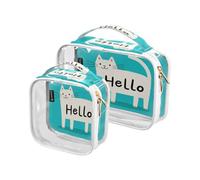 Amooorous Lot de 2 trousses de voyage décoratives transparentes avec motif chat blanc Hello Cartoon - Approuvé par la TSA - Étanche - Pour le rasage, Hello Cartoon mignon chat blanc, 1 size