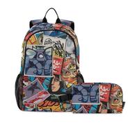 Amooorous Sac à dos avec collage de dessin animé pour garçon avec sac à déjeuner, sac à dos d'école pour filles avec boîte à déjeuner, sac à livres et boîte à déjeuner 10-12, Collage de dessins animés