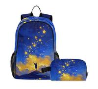 Amooorous Sac à dos et boîte à déjeuner pour garçons et filles avec boîte à déjeuner et boîte à déjeuner Bleu et jaune 10-12 ans, Étoile ouverte bleue et jaune