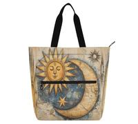 Amooorous Sac fourre-tout décoratif pour enfants, femmes, hommes, jaune, mystique, bohème, Stylarot, soleil, lune, grand sac d'épicerie réutilisable avec fermeture éclair pour l'école, le shopping