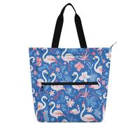 Amooorous Sac fourre-tout décoratif pour enfants, garçons et filles, adultes, flamants roses, fleurs bleues, grand sac de bibliothèque, sac à bandoulière avec fermeture éclair pour l'école, le