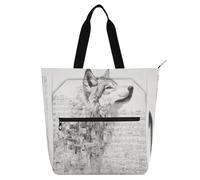 Amooorous Sac fourre-tout décoratif pour enfants, garçons et filles, style surréaliste, motif loup, partition de musique, argent, imperméable, réutilisable, avec fermeture éclair pour l'école et les