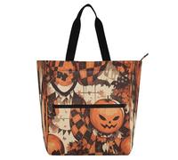 Amooorous Sac fourre-tout décoratif pour enfants pour garçons et filles, adultes, orange, citrouille maléfique, damier, grand sac fourre-tout pour enfants, sac d'épicerie, sac à main réutilisable pour
