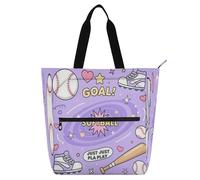 Amooorous Sac fourre-tout décoratif pour enfants pour garçons et filles, femmes, motif softball Just Play violet grand sac à livres réutilisable avec fermeture éclair pour université, shopping, plage