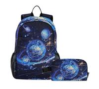 Amooorous Surrealism Sac à dos Cosmic Planet avec boîte à déjeuner pour garçons Sac à dos d'école avec sac à déjeuner Sac à livre pour garçons de 10 à 12 ans, Surréalisme Planète cosmique bleu-or